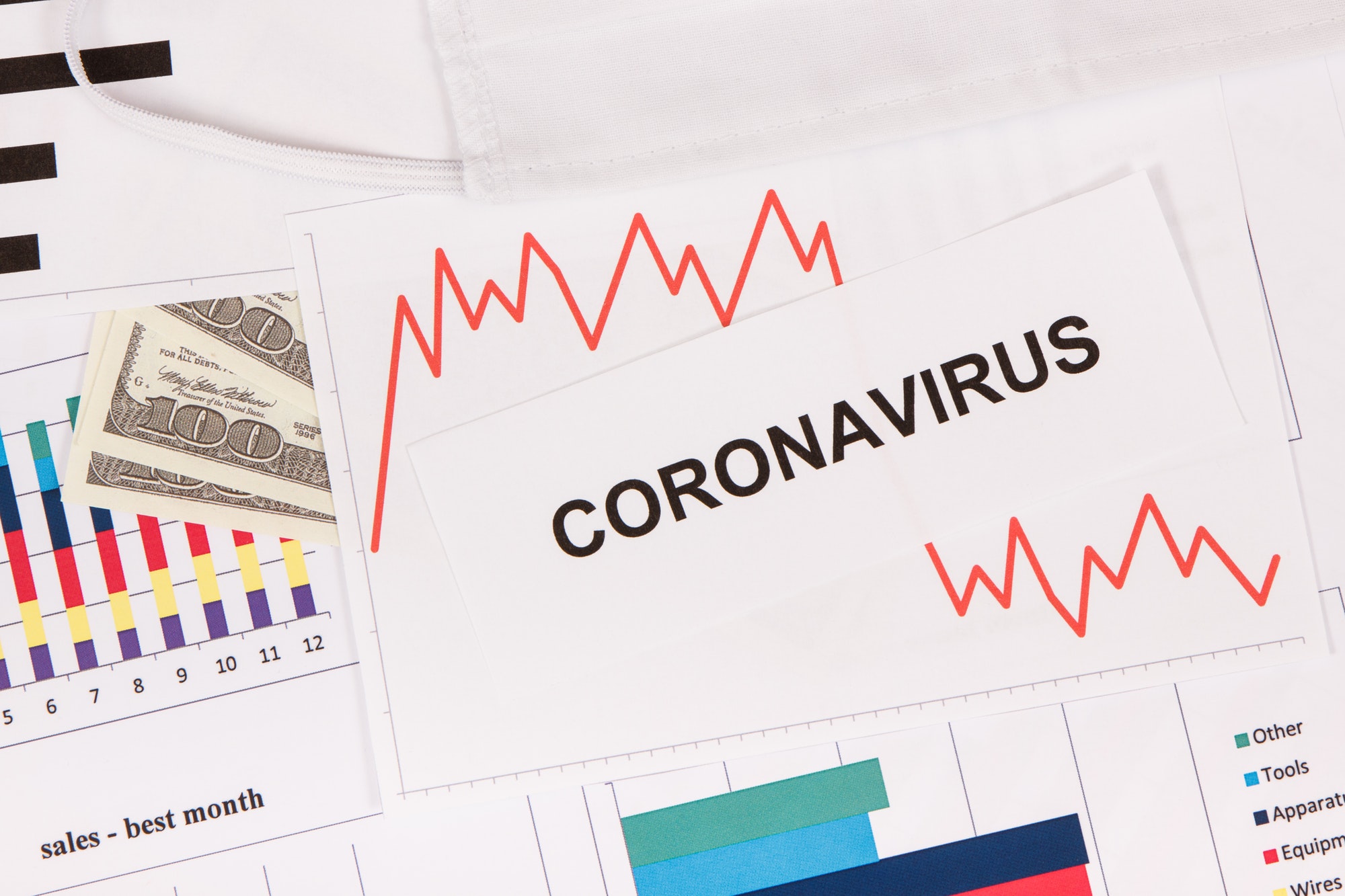 Inscription coronavirus, dollars and downward graphs